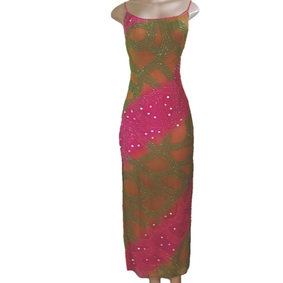 Panoply Dresses & Skirts - Neon Pink/Green Prom Dress Long Beaded Dress